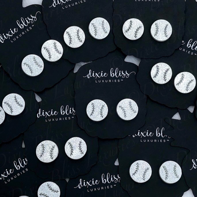 Baseball Stud Earrings in Silver Glitter