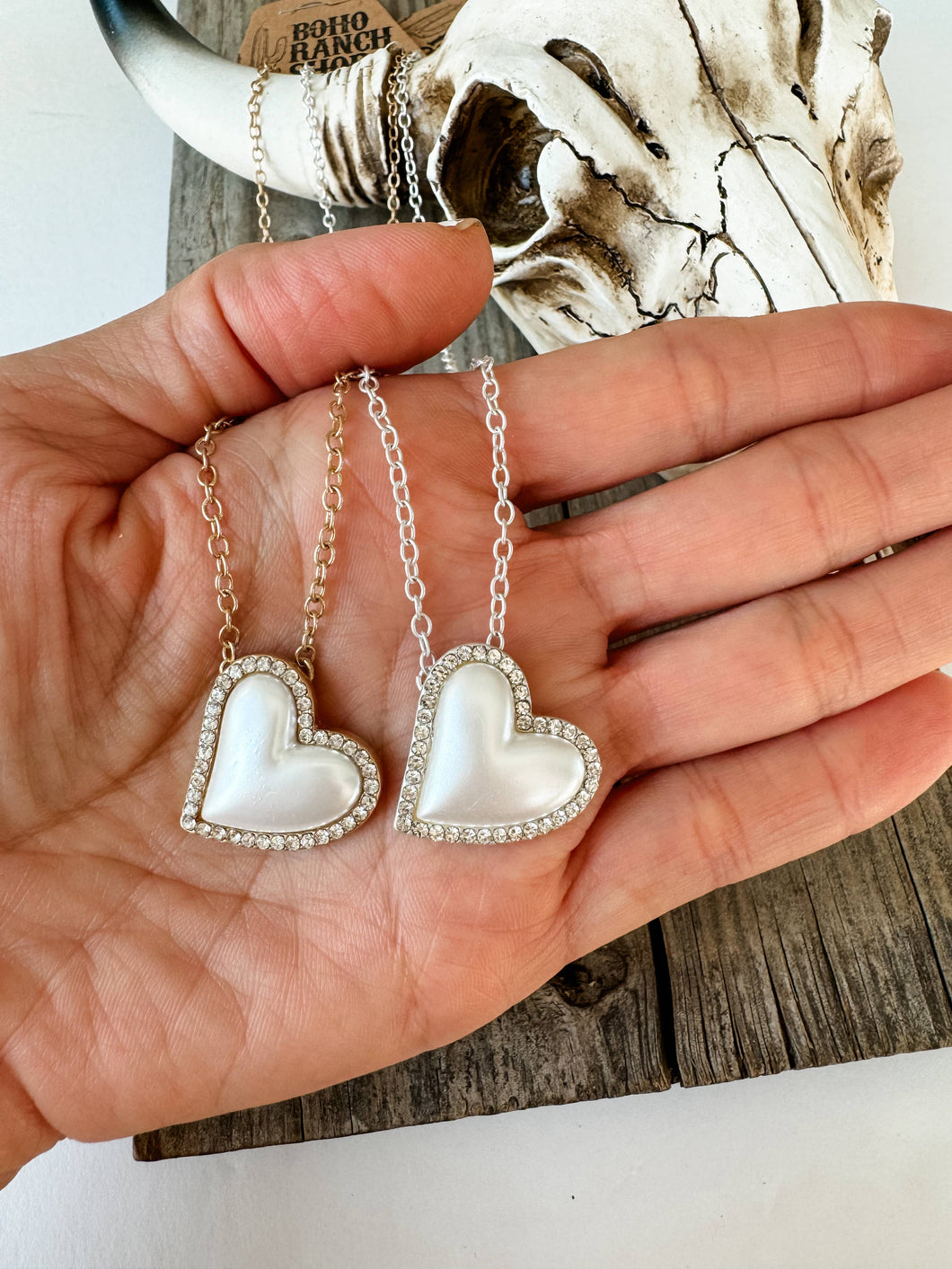 Pearl with Rhinestone Heart Necklace